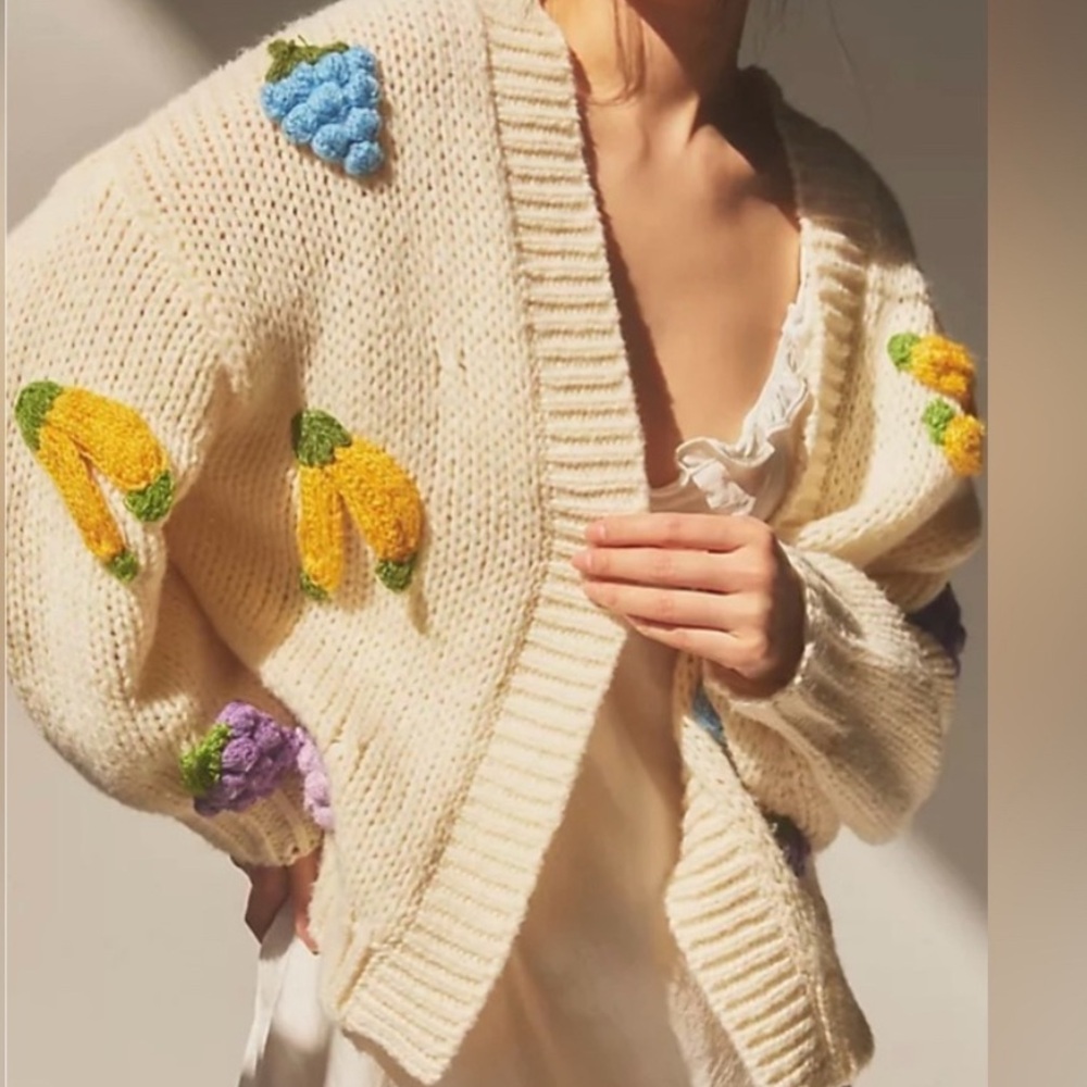 NWT Anthropologie + Duchamp ivory Cardigan with 3D grape & banana Accents